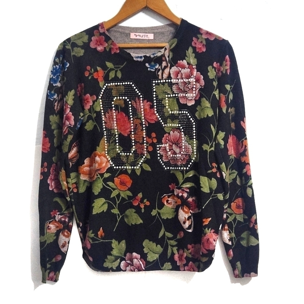 White Floral Sweater Top Womens Size Small